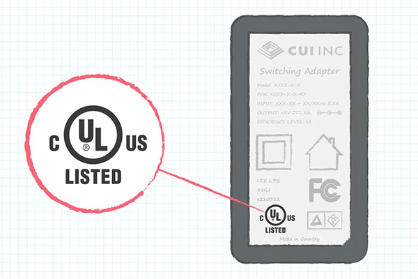 UL列名标志显示在外部电源适配器标签上